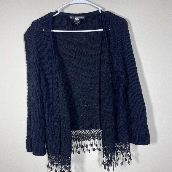 United States Sweater Women's LS Black Embroidered Waffle Knit Cardigan Medium! - Picture 1 of 5